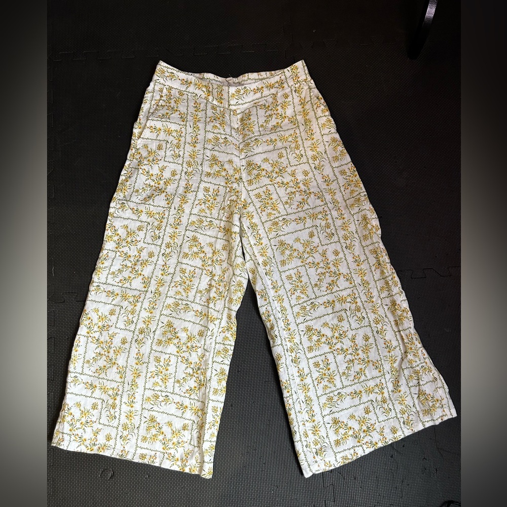 JOIE 100% LINEN Wide Leg Elastic Waist Floral Pants Large Yellow mosaic culottes